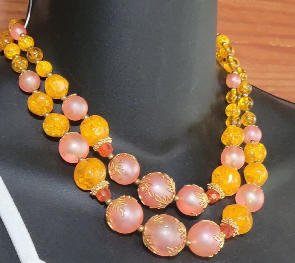 Vintage Mid-century Orange Crackle Bead Pink Moonglow Necklace Deauville rd02-17